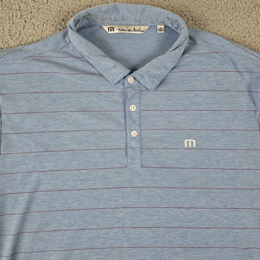 Travis Mathew Performance Golf Polo Shirt Mens XL Blue Red Stripe Stretch - Picture 3 of 16